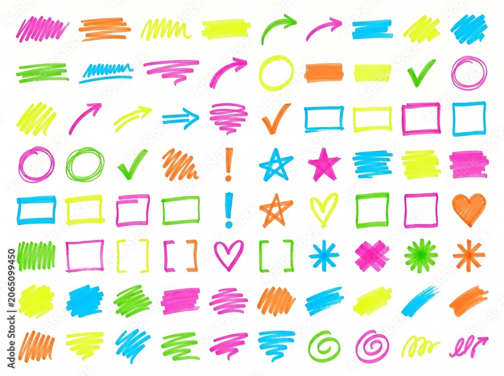 Fototapeta premium Vibrant collection of 80 hand-drawn highlighter strokes. Neon marker lines, frames, checkmarks, and arrows isolated on white.