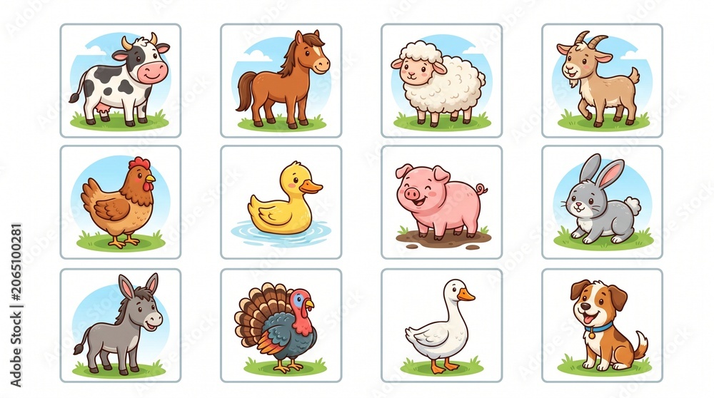 Obraz premium Cute farm animals cartoon vector illustration set. Friendly cow, horse, sheep, goat, chicken, duck, pig, rabbit, donkey, turkey, goose, and puppy dog.
