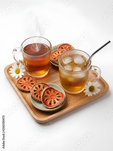A premium commercial-grade stock photograph showcasing a complete wellness beverage set on a minimalist wooden tray. It features a cup of steaming hot amber tea alongside a refreshing glass of iced .