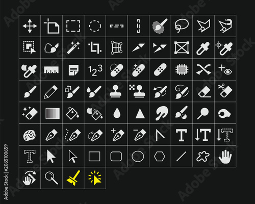 Photo Editing Software Tools Vector Icons Set – Black Icons on White Background Light Theme