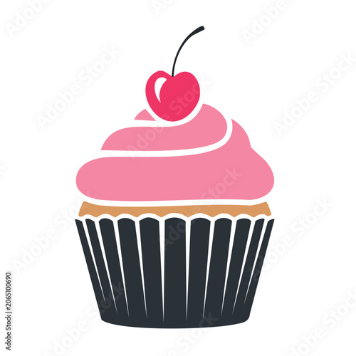 Pink cupcake with cherry on top illustration