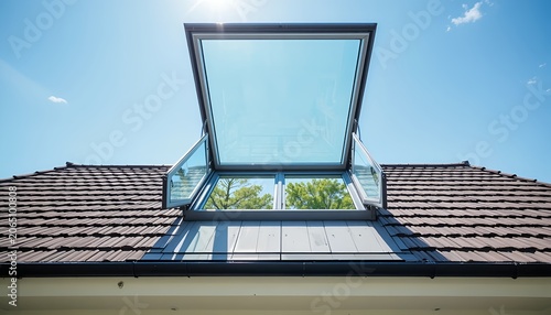 Open skylight window installed on a tiled roof, showing modern home architecture, glass panels, and a bright outdoor view under a clear blue sky