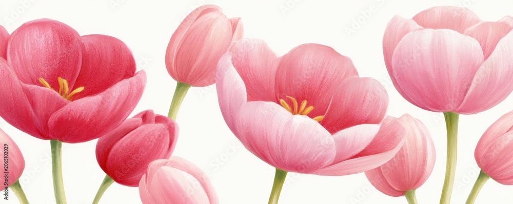 Fototapeta premium Beautiful bunch of soft pink tulip flowers blooming in panoramic garden arrangement