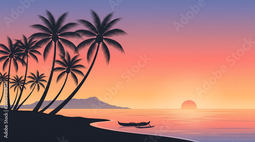 Minimalist Tropical Twilight Horizon Vector Illustration with Palm Tree Silhouettes and Quiet Beach