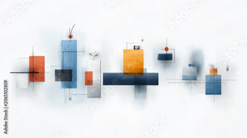 Abstract composition with colorful geometric shapes and delicate lines on white background