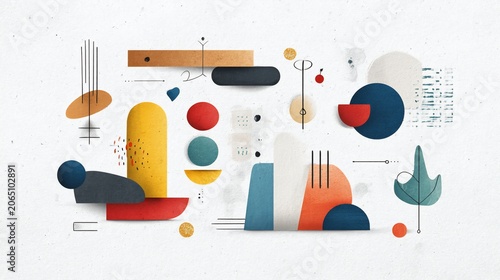 Abstract geometric art piece with shapes, lines, and colors, creating a modern design