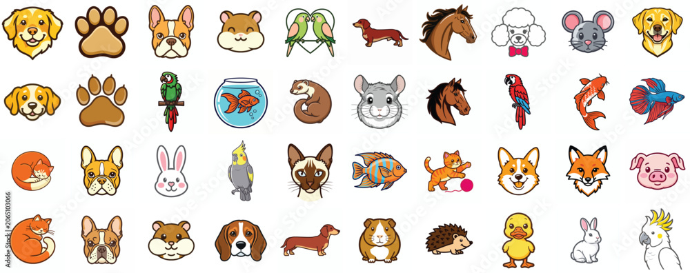Fototapeta premium A Collection of Various Cute Animal Icons Illustrated in a Flat Pixel Art Style