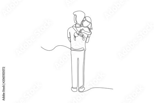 Tableau sur toile Continuous line drawing of a standing father holding his young daughter on his back while she carries her toy doll, capturing a sweet human family comforting moment in a clean minimalist style