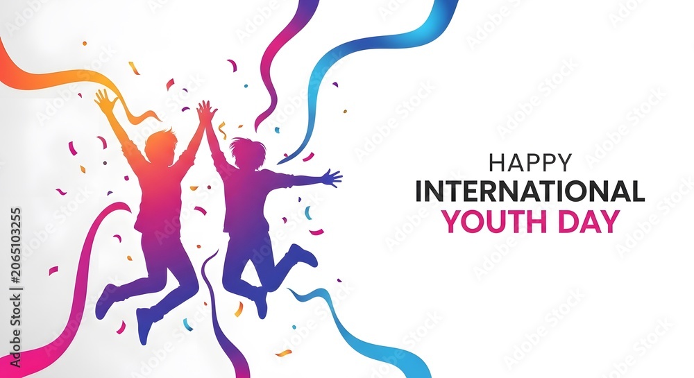 Obraz premium Happy international youth day celebration with jumping silhouettes isolated on white background