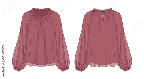 Women's Mauve Ruffled Neckline Blouse Technical Fashion Flat Sketch with Long Puff Sleeves and Keyhole Back Detail