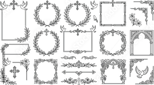 Fotografía Christian Memorial Frame and Border Line Vector Set Featuring Crosses, Laurel Wr