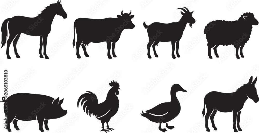 Fototapeta premium Black silhouette collection of farm animals isolated on white background.