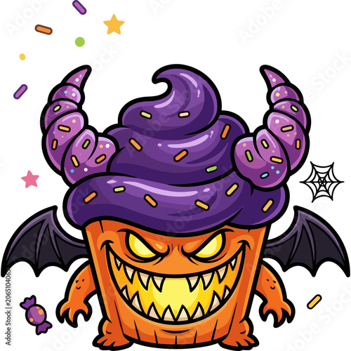 A cartoon monster cupcake with purple frosting and sprinkles appears menacing.