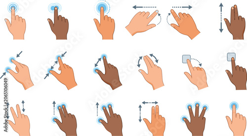 Cuadro en lienzo Touch screen hand gestures vector collection set featuring tap scroll swipe pinc