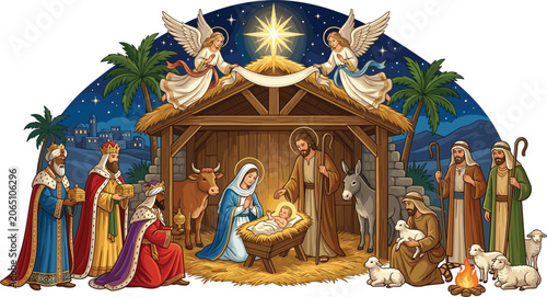 Schilderij op canvas Christmas Nativity Scene Vector Illustration with Holy Family Baby Jesus Mary Jo