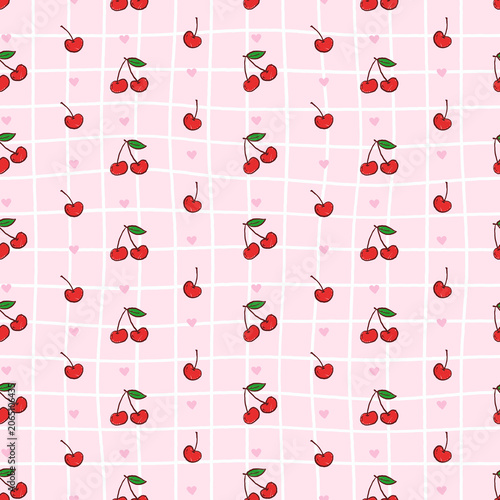 Cute Cherry Seamless Pattern with Red Hand Drawn Fruit, Pink Hearts, Soft Grid Background, and Playful Kawaii Surface Design for Fabric, Wrapping Paper, Wallpaper, Packaging, and Kids Products