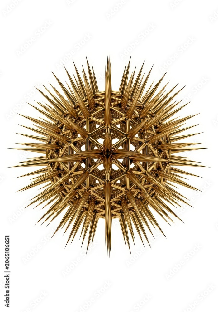 Obraz premium Golden Spiky Sphere Abstract 3D Render Isolated on White Background for Science and Technology Concepts