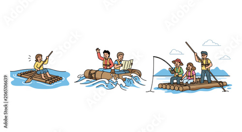 People Rafting and Fishing on Bamboo Rafts in Water