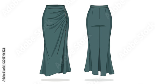 Stylish Forest Green Draped Maxi Skirt Fashion Technical Illustration Front and Back Side Clothing View