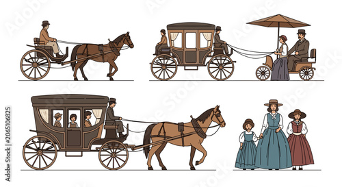 Vintage Horse-Drawn Carriages and People in Historical Attire