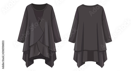 Stylish Women Oversized Black Cardigan Front and Back View Casual Loose Tunic with Asymmetrical Layered Hem Apparel Desi