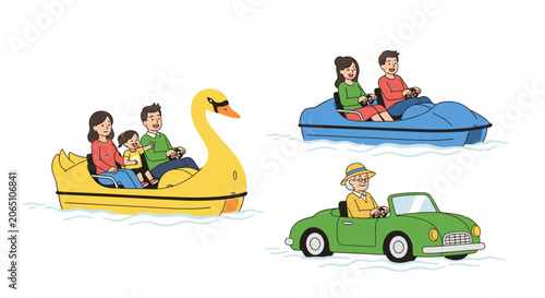 Families Enjoying Leisure Time on Water with Swan and Car Boats