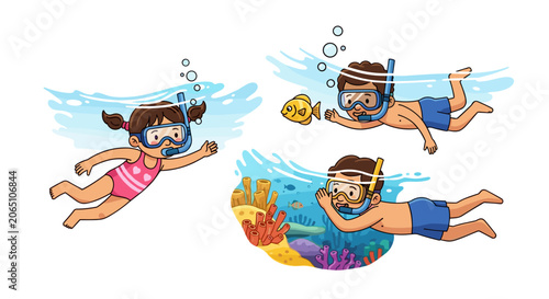 Children Snorkeling Underwater Exploring Coral Reef and Fish