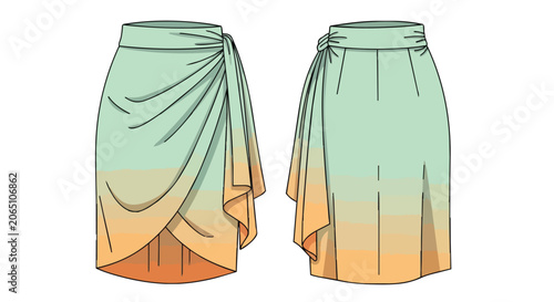Elegant Women's Ombre Draped Wrap Skirt Technical Illustration with Front and Back View Mint and Peach Gradient