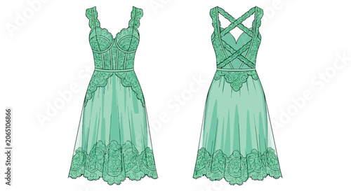 Elegant Mint Green Lace Cocktail Dress with Floral Embroidery Strappy Back and Scalloped Hem Fashion Technical Sketch