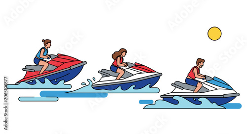 People Riding Jet Skis on Water Under Sunny Sky - Vector Illustration