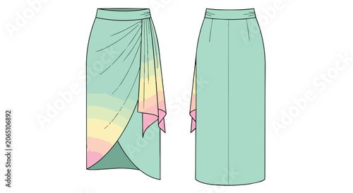 Mint Green Wrap Skirt Technical Drawing with Pastel Gradient Drape Detail Front and Back Fashion Illustration