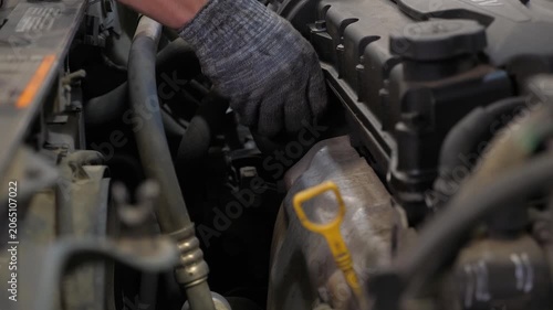 A close-up of a male mechanic installing a tube for washing liquid under the hood of a car at a service station is shown. Car maintenance and repair, process of repairing and maintaining cars.