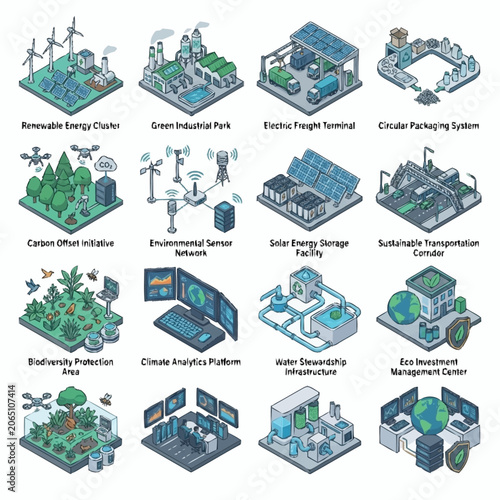 Fotografie Collection of isometric illustrations depicting sustainable and eco-friendly concepts for a greener future