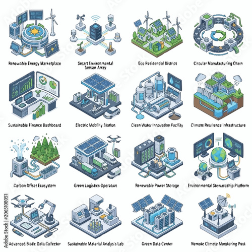 Fotografie Isometric illustrations depicting various sustainable and eco-friendly technologies and concepts for a greener future