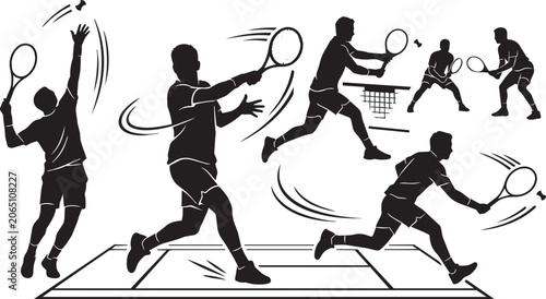 Bild auf Leinwand Athletic men playing tennis game in dynamic action poses during a match on court