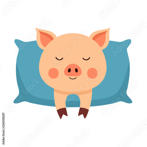 Cute cartoon pig sleeping on a blue pillow