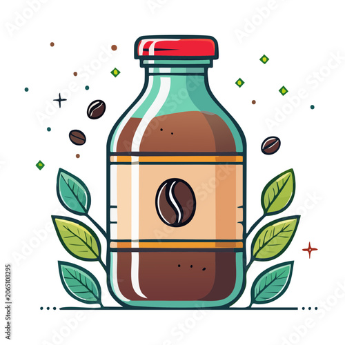Flat design coffee bottle with beans and leaves
