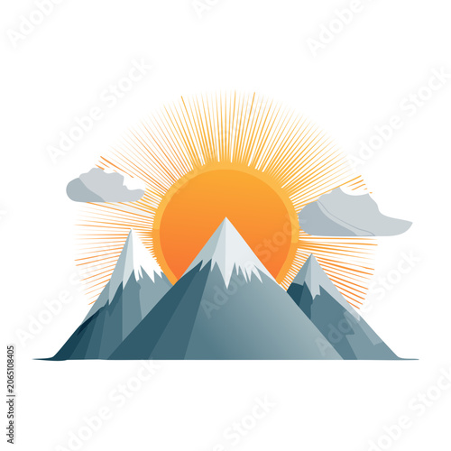 Flat design mountain landscape with sun and rays