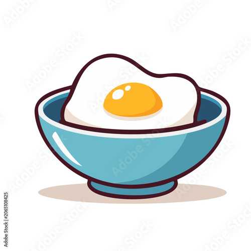 Fried egg in blue bowl flat illustration