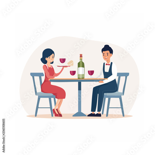 Waiter Serving Wine and Cheese to Customer at Restaurant Table