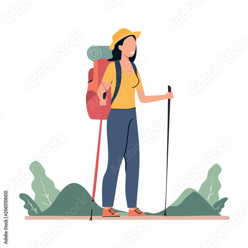 Woman hiker with backpack and poles in flat design style