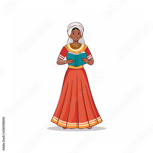 Woman in Traditional Dress Holding a Book