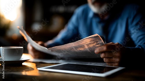 Senior male reading newspaper with coffee