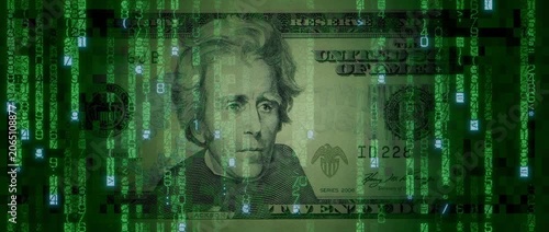 Digital Cash Concept with Twenty Dollar Bill made from Animated Code. Cryptocurrency Banking Background.