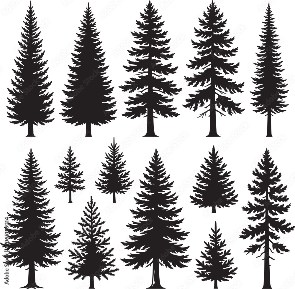 Obraz premium Conifer trees silhouettes arranged in rows against a white background representing nature and forestry concepts