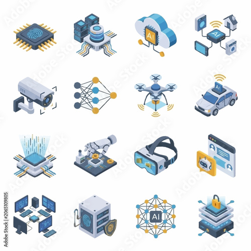 Artificial intelligence isometric icons set with neural networks and machine learning symbols.