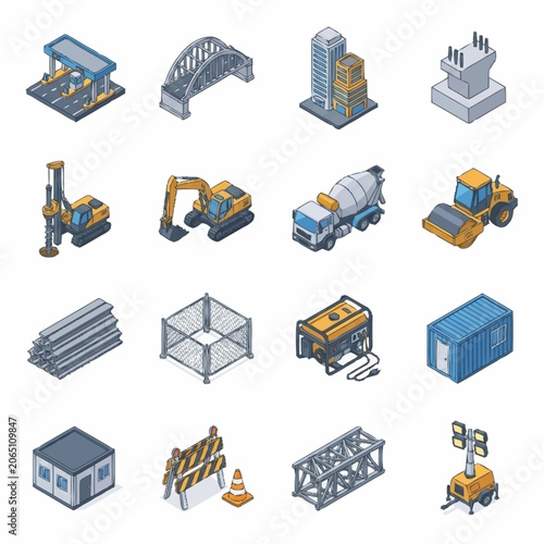 Isometric construction site elements and building materials vector icons set, including machinery, structures, and tools for industrial projects.