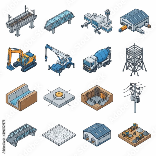 Isometric construction and infrastructure icons set, depicting various building elements, machinery, and urban development components.
