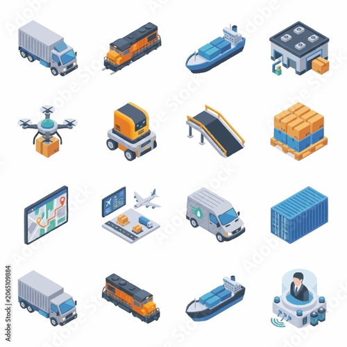Isometric icons of various logistics and transportation methods including trucks, trains, ships, and drones for delivery and supply chain management.
