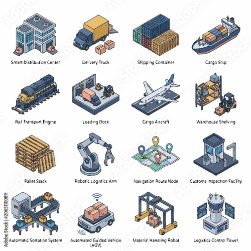 Logistics and Supply Chain Management Isometric Icons Set.